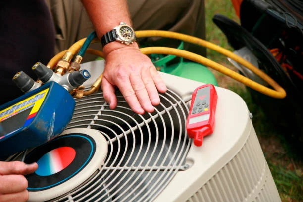 Diagnostic gauges and test equipment on an air conditioning condenser